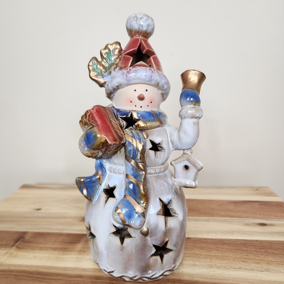 9" Glazed Ceramic Snowman Tealight Candle Holder - Picture 1 of 11